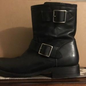 Frye Black Leather Ankle Boots with Buckles